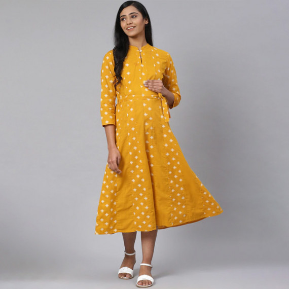 https://www.wayedge.in/products/women-mustard-yellow-off-white-printed-pure-cotton-maternity-a-line-dress