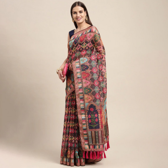 https://www.wayedge.in/products/peach-coloured-multicoloured-kalamkari-sequinned-linen-blend-block-print-saree